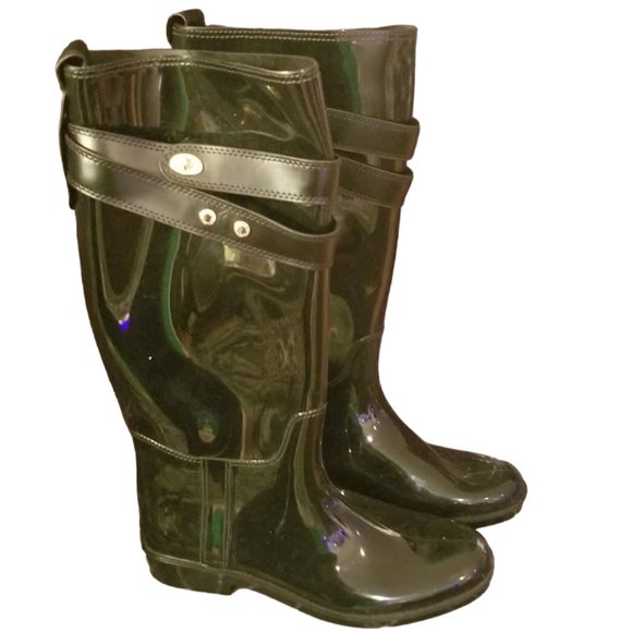 🖤🌧Coach🌧🖤 | HTF Size: 11 | Talia Tall Shiny Black Rain Boots | Gold Turnlock - Picture 2 of 12